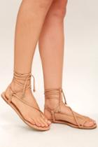 Lulus | Micah Nude Lace-up Flat Sandal Heels | Size 6 | Beige | Vegan Friendly