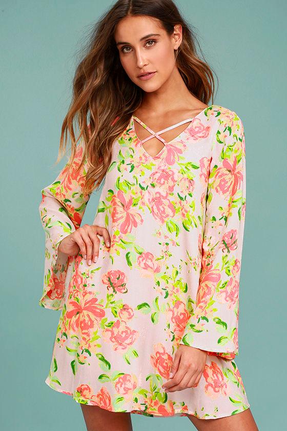 Lulus | In High Spirits Blush Pink Floral Print Shift Dress | Size Small | 100% Polyester