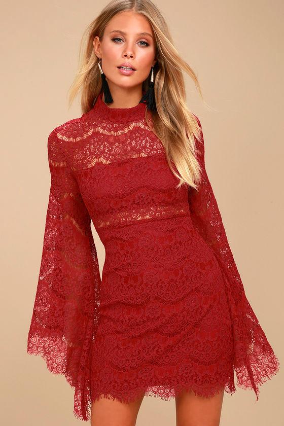 Lulus | Bewitching Babe Wine Red Lace Bell Sleeve Dress | Size Large | 100% Polyester