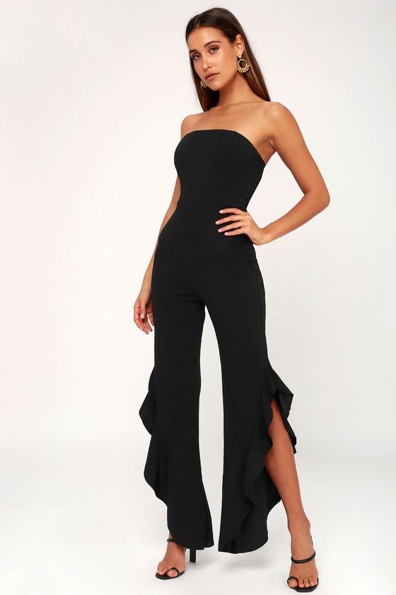 After Midnight Black Strapless Ruffle Leg Jumpsuit | Lulus