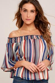 Flying Tomato Sweet Sensation Blue And Rust Red Striped Off-the-shoulder Top