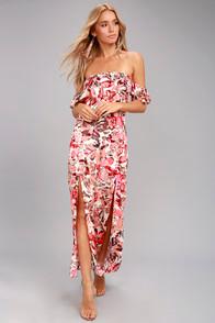 Lucy Love Dream On Pink Floral Print Off-the-shoulder Maxi Dress