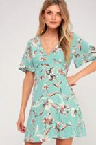 Floret Aqua Floral Print Short Sleeve Dress | Lulus