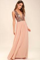 Lulus | Elegant Encounter Rose Gold Sequin Maxi Dress | Size X-small | Pink | 100% Polyester