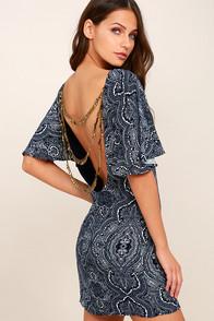 Lulus Start A Party Navy Blue Print Backless Shift Dress