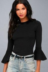 Lulus On My Level Black Flounce Sleeve Sweater Top