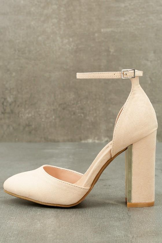 Lulus | Laura Nude Suede Ankle Strap Heels | Size 6 | Beige | Vegan Friendly