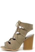 Qupid Honey Babe Taupe Suede Block Heel Lace-up Sandals