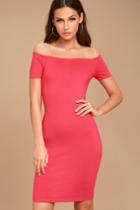 Lulus | Me Oh My Fuchsia Off-the-shoulder Bodycon Dress | Size Large | Pink | 100% Polyester
