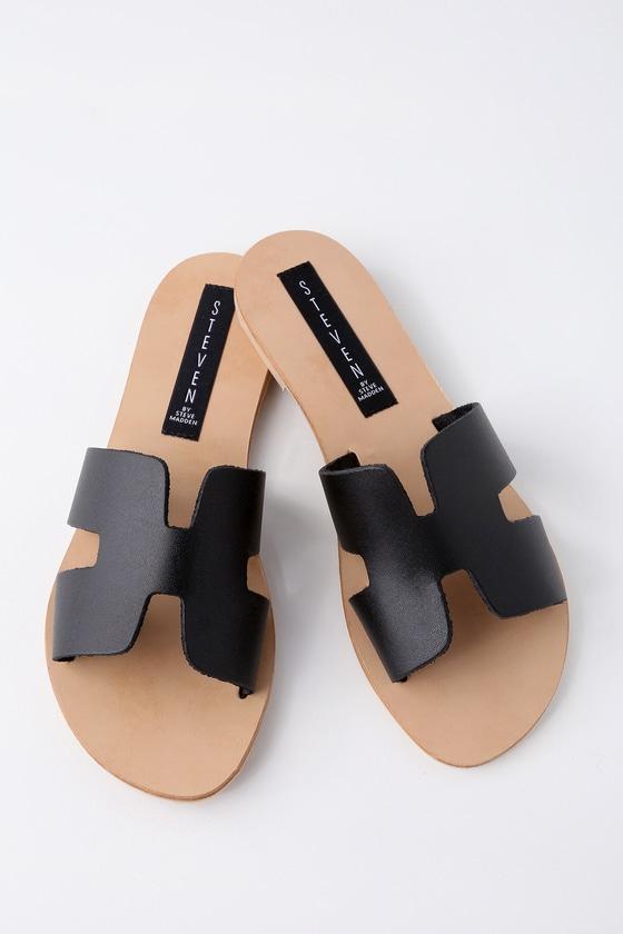 Steven Greece Black Leather Slide Sandal Heels | Lulus