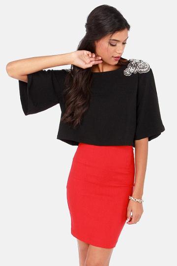 The Bold Shoulder Beaded Black Crop Top