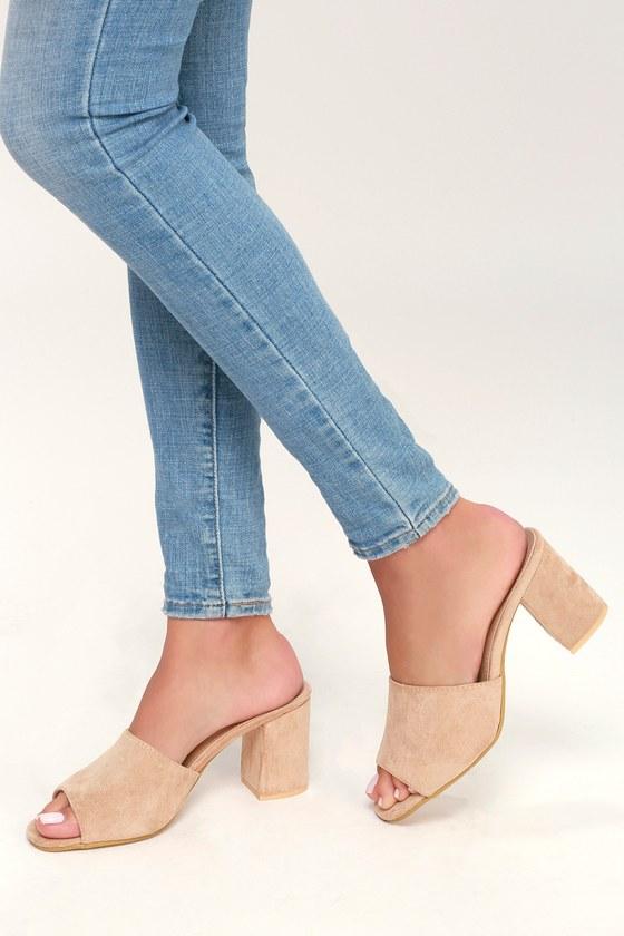 Machi Carrick Nude Suede Peep Toe Mules | Lulus
