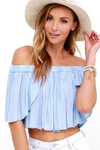 Dance & Marvel Lyrical Light Blue Striped Off-the-shoulder Crop Top