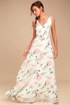 Lulus | Romantic Possibilities White Floral Print Maxi Dress | Size Large | 100% Polyester