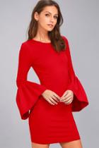Lulus Double Flair Red Long Sleeve Bodycon Dress