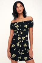 Obey Rosa Black Floral Print Off-the-shoulder Button-front Dress | Lulus