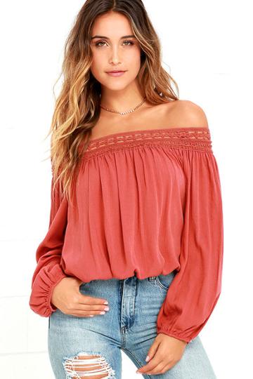 Lulus | Festival Day Terra Cotta Lace Off-the-shoulder Crop Top | Size X-large | Brown | 100% Polyester
