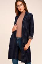 Lulus | Soho Scene Navy Blue Striped Coat | Size Large