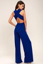 Lulus | Thinking Out Loud Royal Blue Backless Jumpsuit | Size Large | 100% Polyester