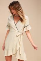 Moon River Cyrus Beige Embroidered Wrap Dress | Lulus