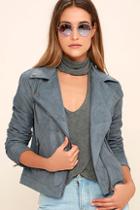 Lush Catch You On The Flip Side Slate Blue Suede Moto Jacket