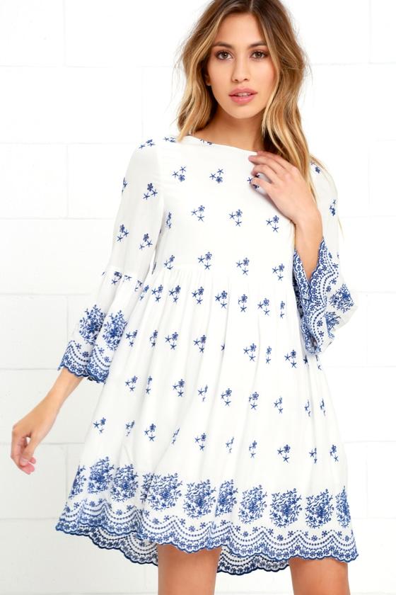 With A Whisper Blue And Ivory Embroidered Dress | Lulus
