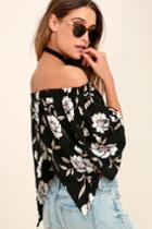 Lulus | Light Of Dawn Black Floral Print Off-the-shoulder Top | Size X-large | 100% Polyester