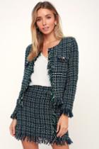 So Fancy Black And Green Plaid Tweed Fringe Cropped Jacket | Lulus