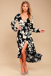 Billabong Floral Fever Black Floral Print Wrap Maxi Dress