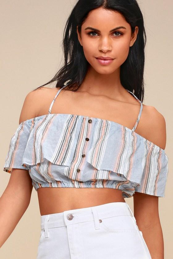 Keep Me Close Blue And Peach Striped Off-the-shoulder Crop Top | Lulus