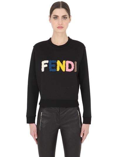 Fendi Cropped Fur Logo Cotton Sweatshirt