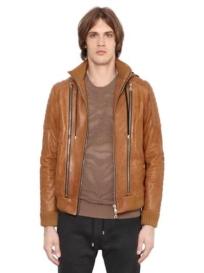 Balmain Hooded Nappa Leather Moto Jacket
