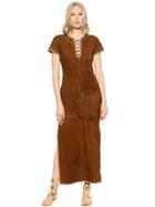 Talitha Embroidered Lace Up Suede Maxi Dress