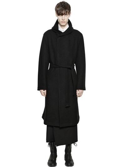 Yohji Yamamoto Hooded Melton Wool Folded Coat