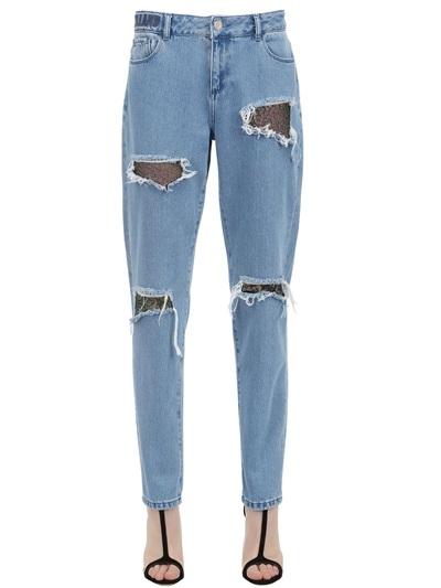House Of Holland Laminated Lace & Cotton Denim Jeans