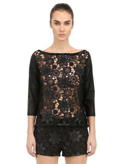 Esgivien - Faux Leather & Macram  Lace Top