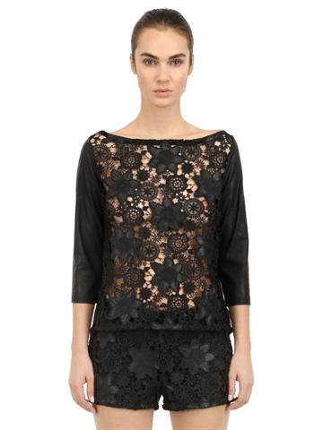 Esgivien - Faux Leather & Macram  Lace Top