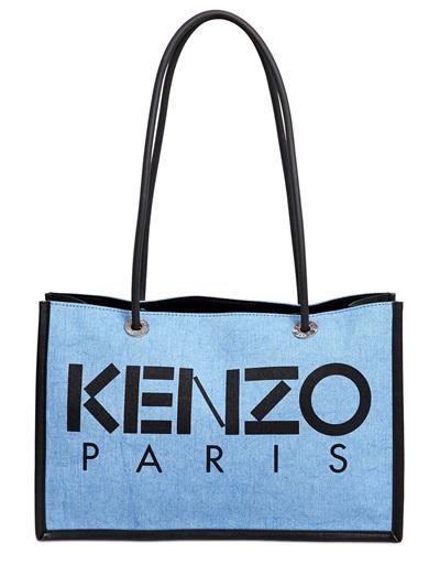 Kenzo Cotton Denim & Faux Leather Tote Bag