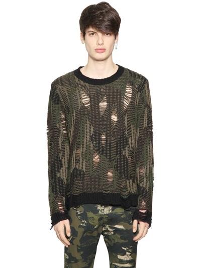 Diesel Camo Shredded Knit Wool Blend Sweater