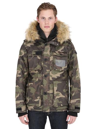 Ai Riders On The Storm Hooded Camo Print Down Parka W/ Faux Fur