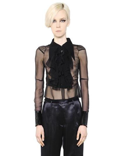 Maison Margiela Bow Silk Chiffon Shirt With Patent Cuffs