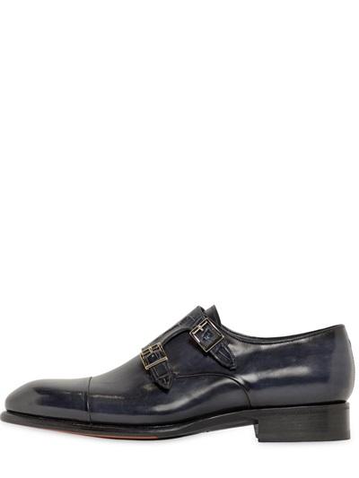 Santoni Brushed Leather & Croc Monk Strap Shoes