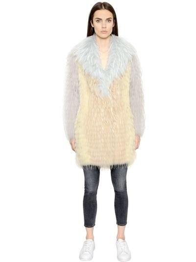 Mate Color Block Raccoon Fur & Wool Knit Coat