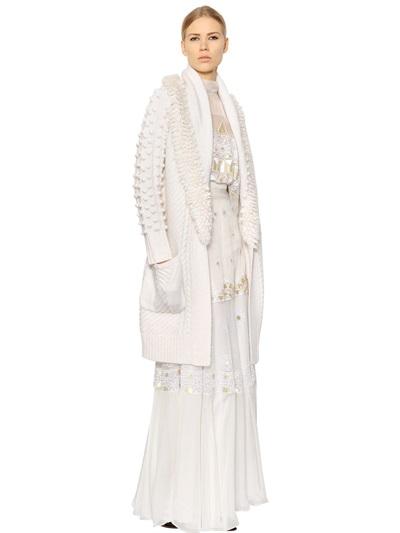 Temperley London Fringed & Belted Wool Blend Knit Coat