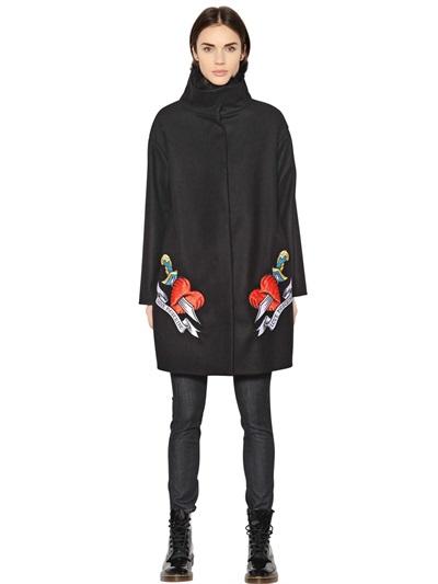 Love Moschino Embroidered Wool Felt & Faux Fur Coat