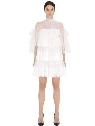 Valentino Ruffled Pleated Tulle & Lace Dress