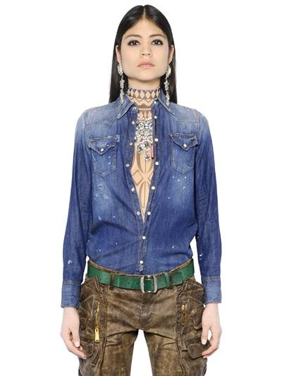 Dsquared2 Splatter Painted Denim Western Shirt