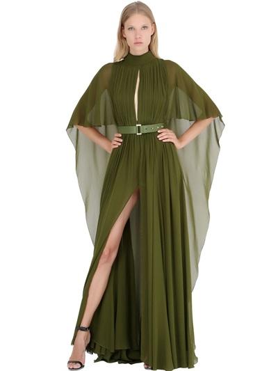 Elie Saab Pleated Silk Georgette Cape Gown