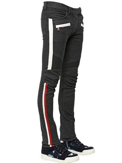 Balmain 17cm Bands Stretch Denim Biker Jeans