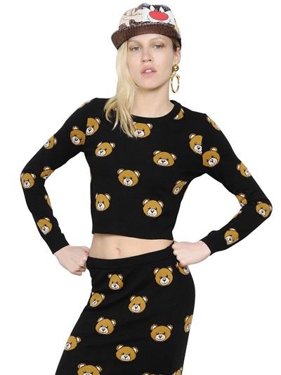 Moschino Cropped Bear Intarsia Wool Sweater